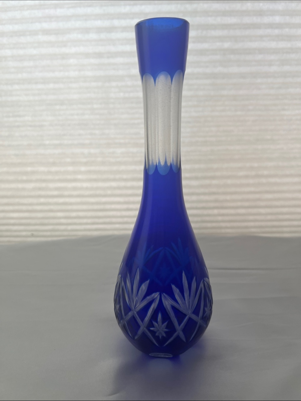 Cobalt Blue Cut-Glass Bud Vase with Etched Frosted Detailing Tear Drop Base 9"
